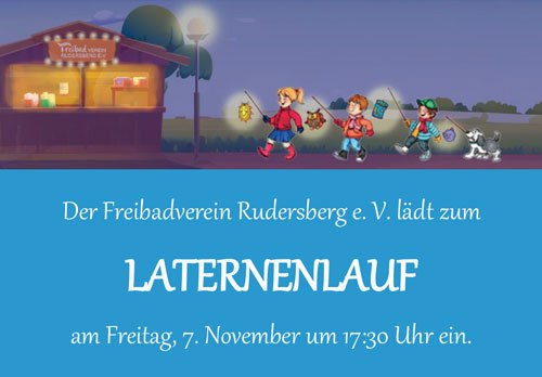 Einladungsplakat des Freibadvereins zum Laternenlauf mit Illustration von Kindern mit Laternen.